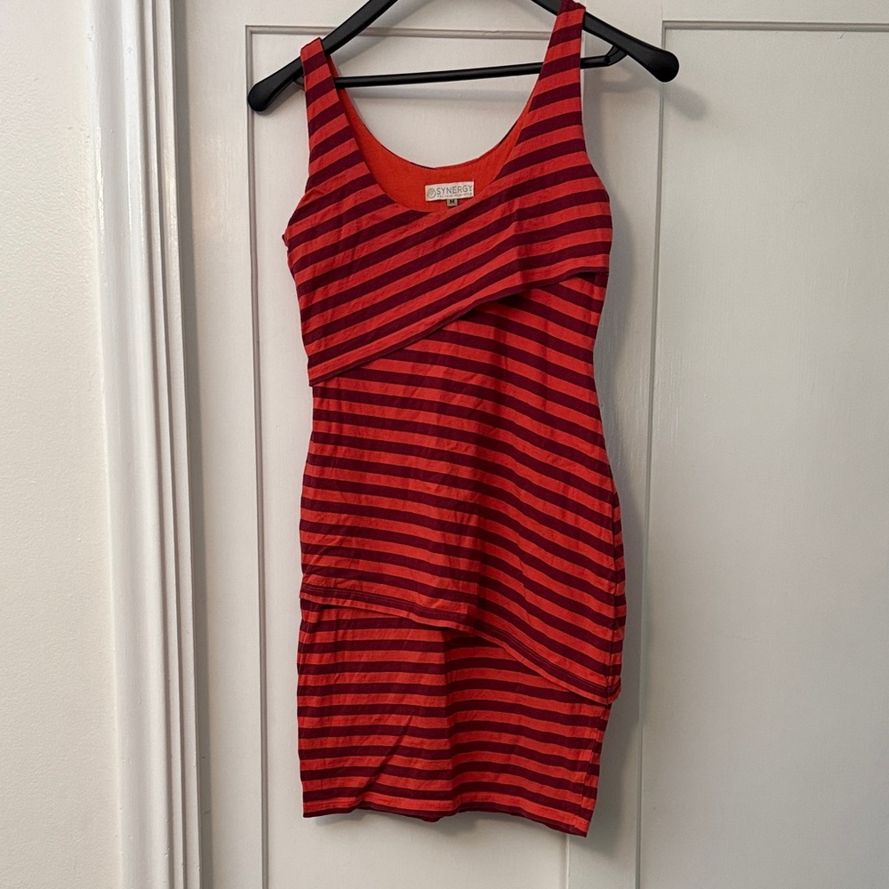 Synergy Organic Clothing Coral Striped Midi Dress - Women's M - Fun Asymmetric